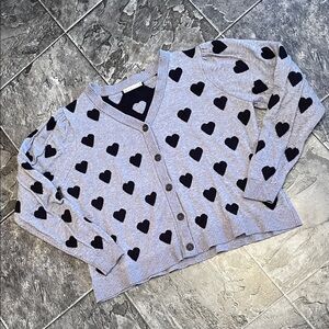 KAILY K Gray Cardigan w Black Heart Pattern Cozy Cottagecore Ballet Coquete